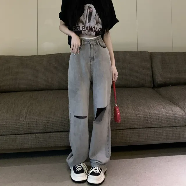 Women's Summer New High Waist Loose Ripped Jeans Grey - Shop at LoveMi