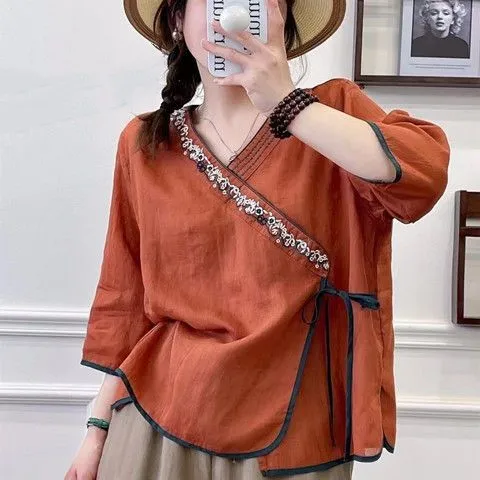 Summer Loose Fitting Tea Suit Top Orange - Shop at LoveMi