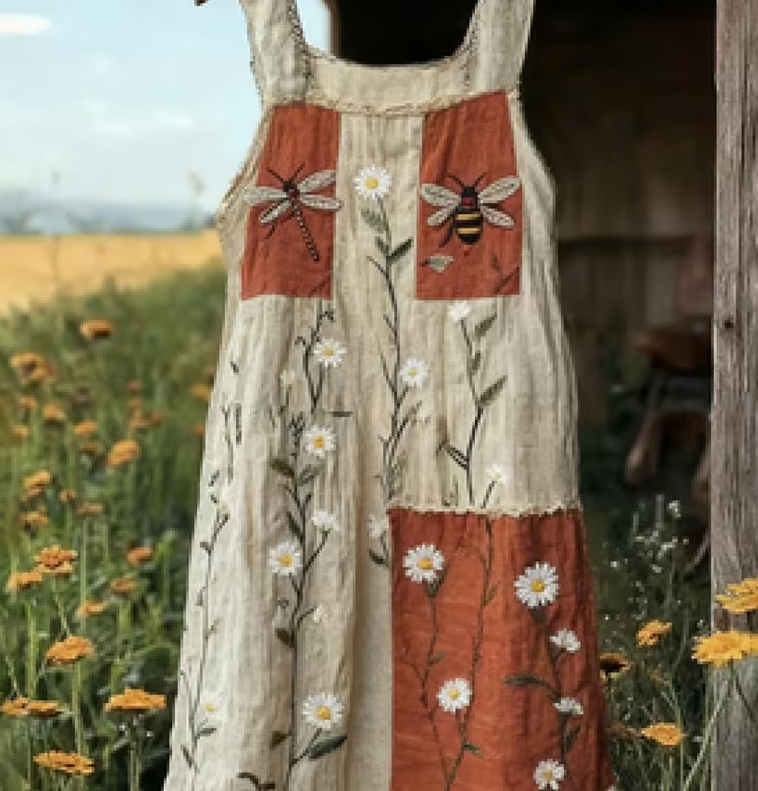 Color blocked Floral Print Camisole Loose Midi Dress Women's Sleeveless Pastoral Style Dress Beige - Shop at LoveMi