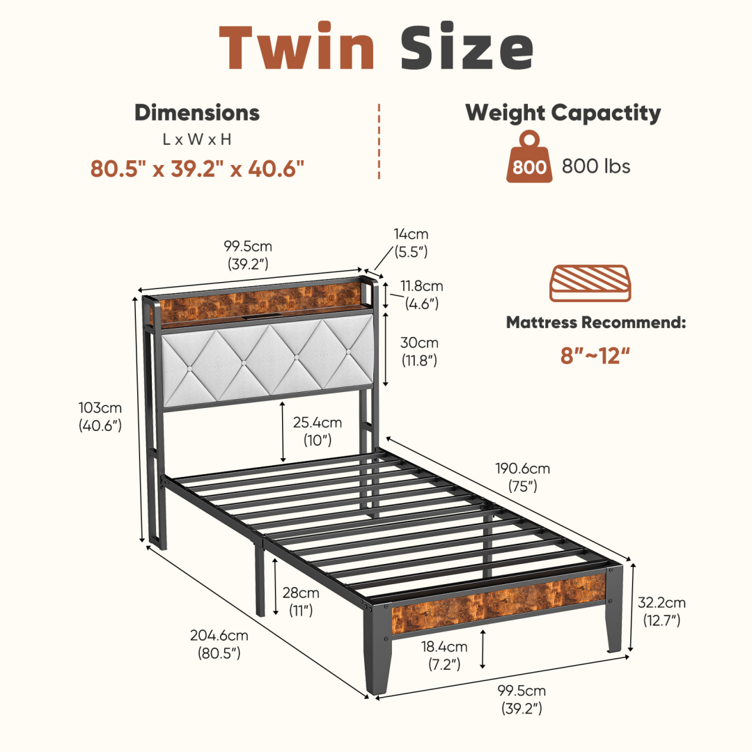 Soft-padded Headboard With Storage, Charging Port, Iron Frame Bed_voghion.com