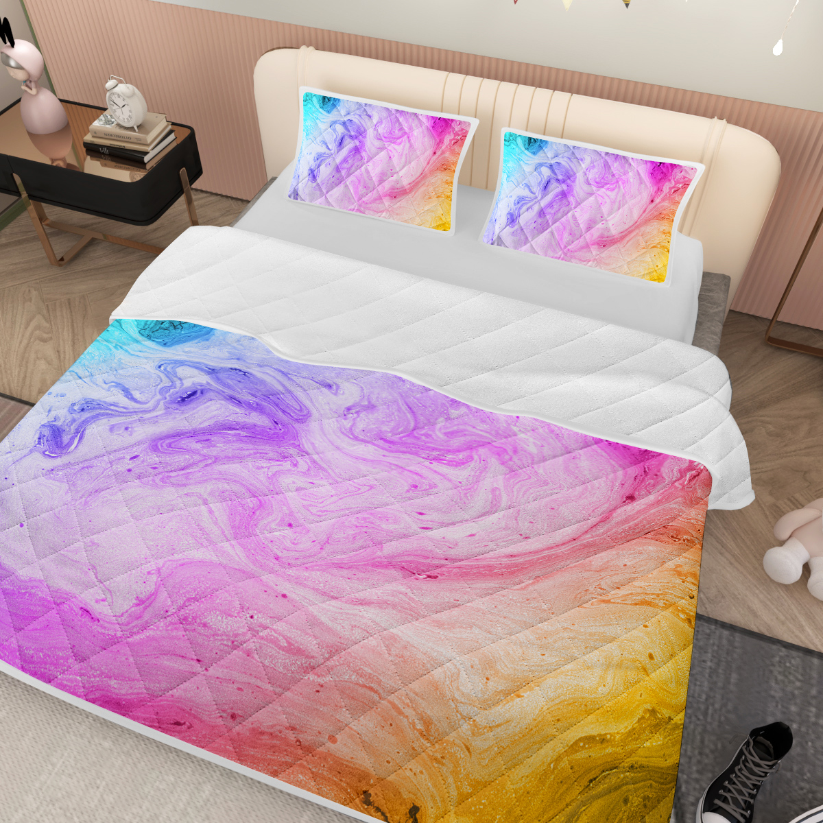 Pastel Quilt Set Microfiber Soft Lightweight Rainbow Marble Bedding Set, 1 Quilt With 2 Pillowcases