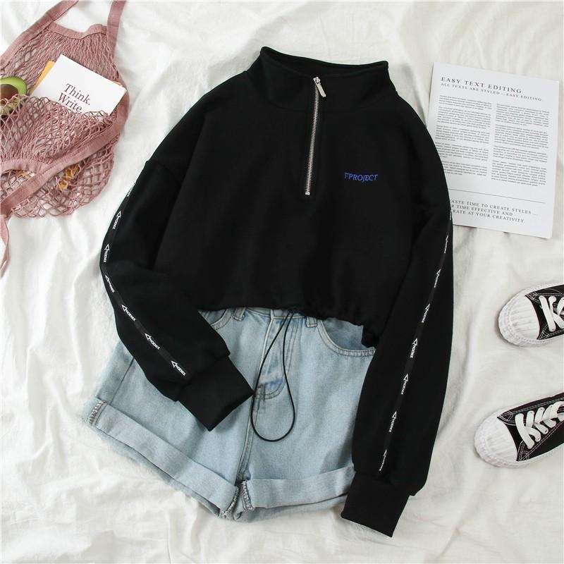 Title 3, Korean style high waist cropped long sleeve zip...