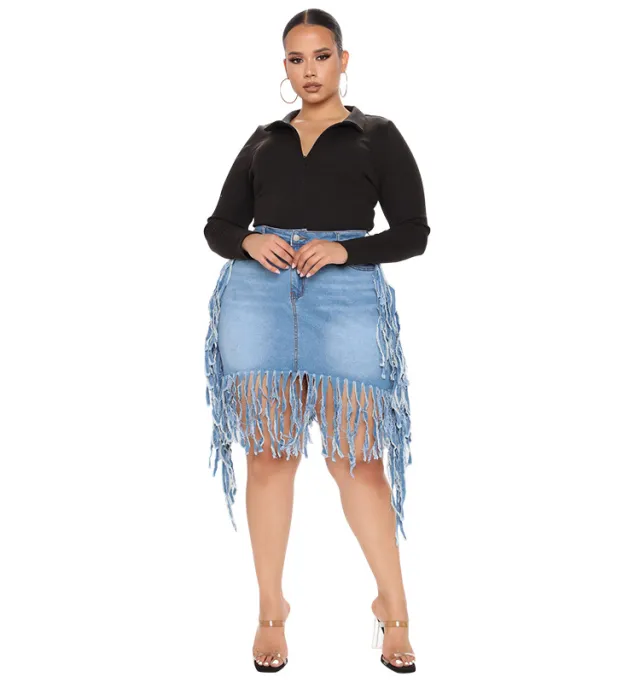 Women's Spring Denim Skirt With Fringe Light Blue - Shop at LoveMi