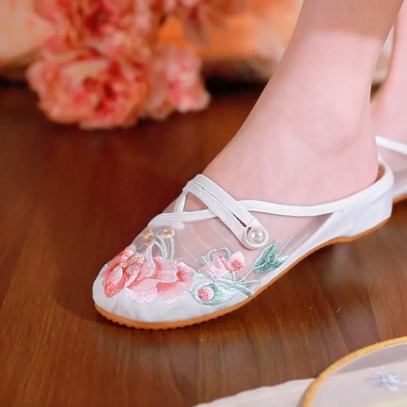 Summer Mesh Embroidered Shoes - Breathable Hollow-Out Low Heel Retro Mesh Shoes, Comfortable Hanfu Sandals & Cloth Slippers For Women