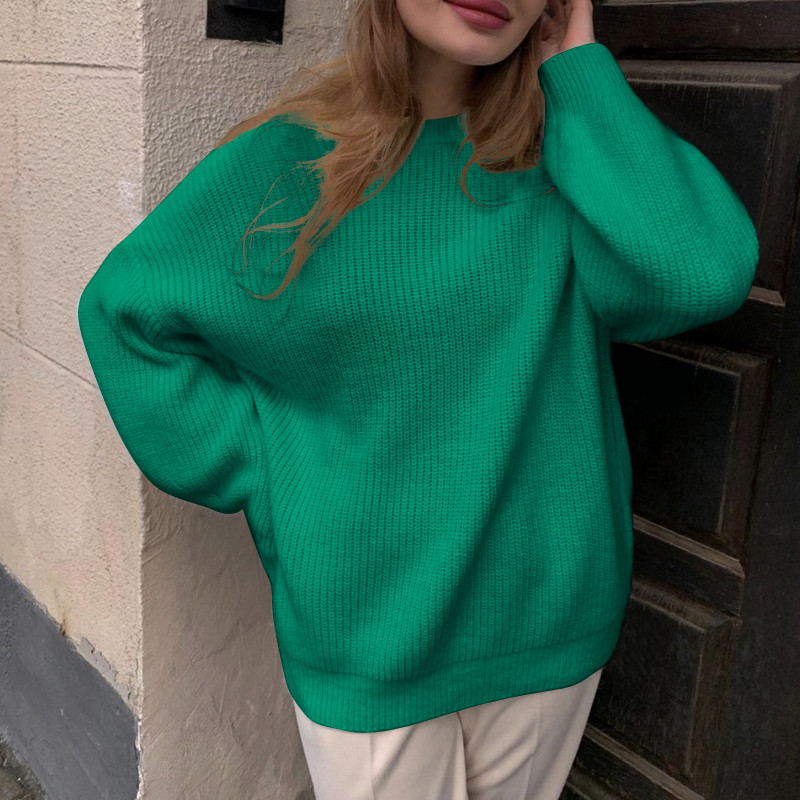 Women's Round Neck Solid Color Thick Knit Sweater Top