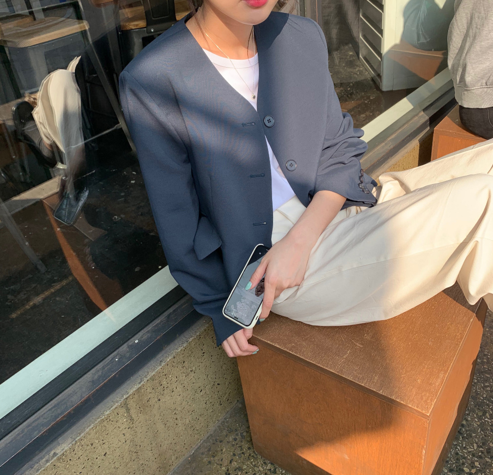 Temperament Female Autumn Collarless Short Suit Jacket Navy - Shop at LoveMi