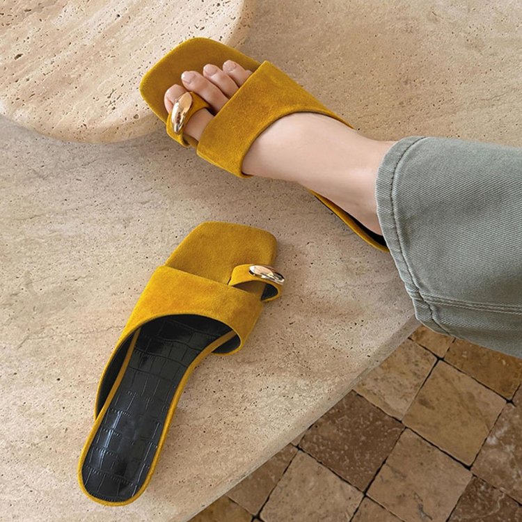 Elegant Square Toe Metal Buckle Thong Slide Sandals, Minimal Suede Niche Slippers For Women