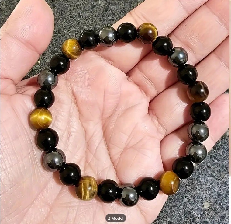 Triple Protection Bracelet, 2 Pieces Black Obsidian Tiger's Eye Stone Hematite — image 9
