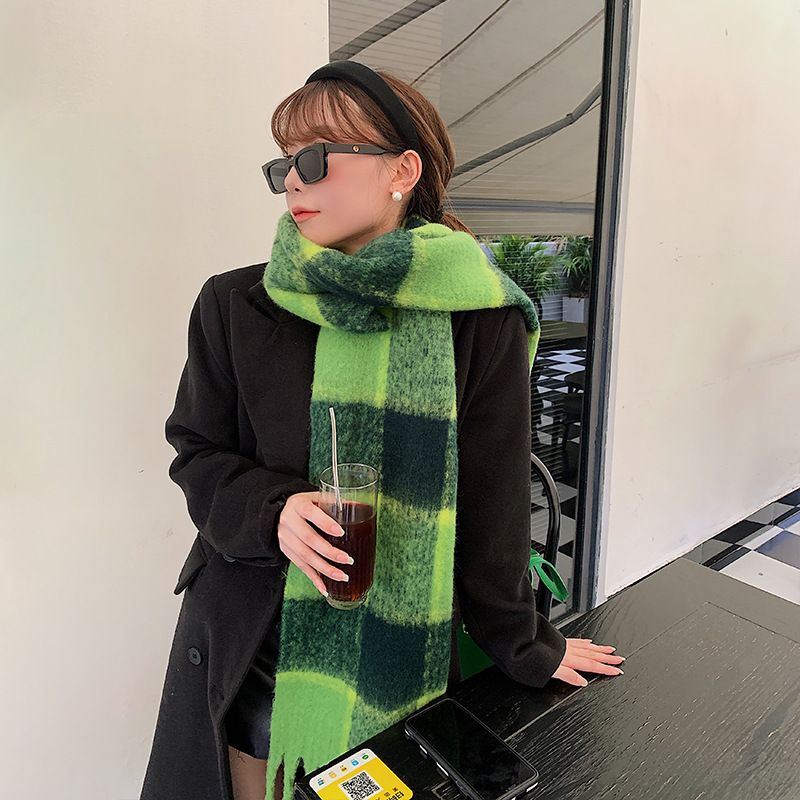 Green Cashmere Like Plaid Soft Waxy Scarf