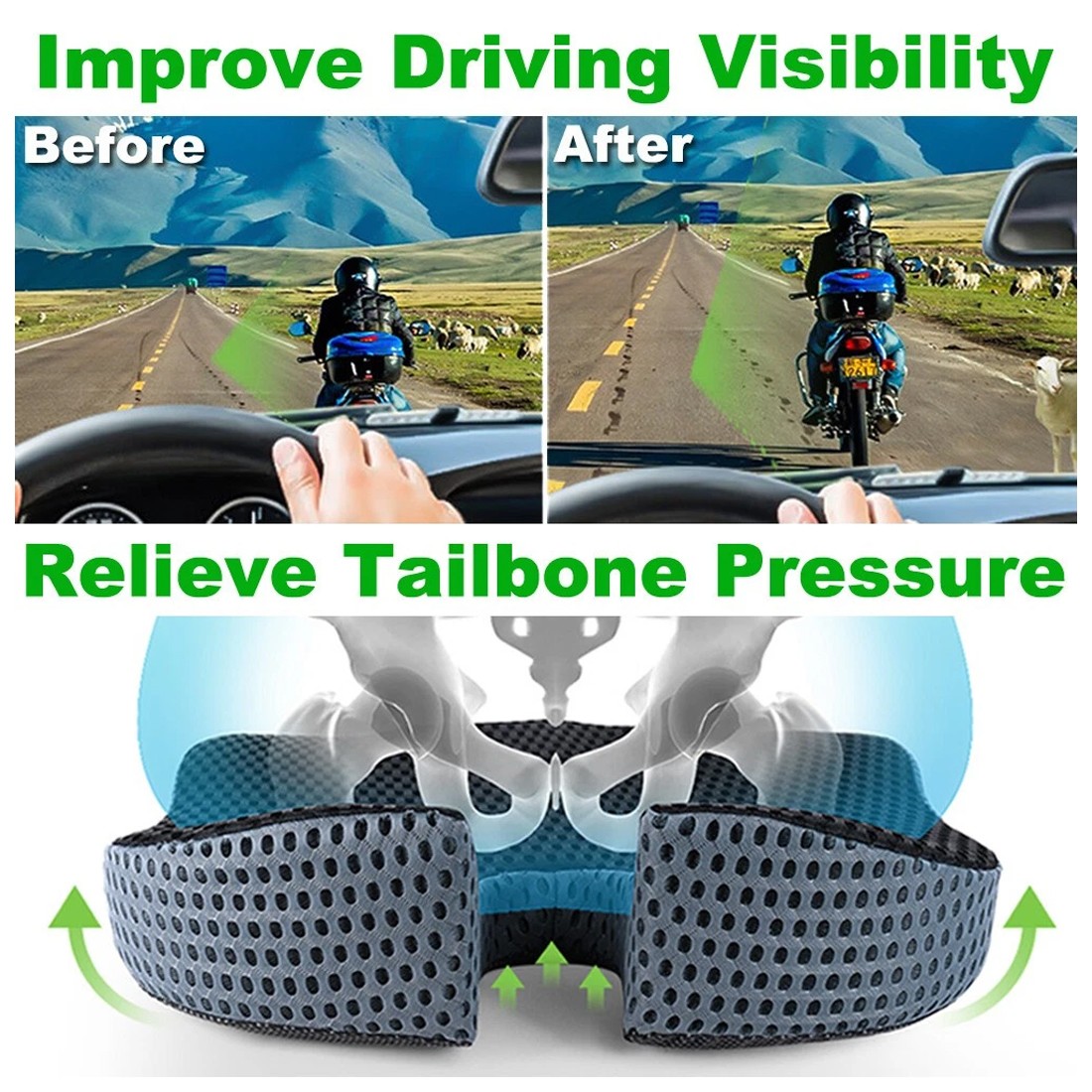 Universal Memory Foam Car Seat Cushion Driving Wedge Pad Booster Driver Pillow