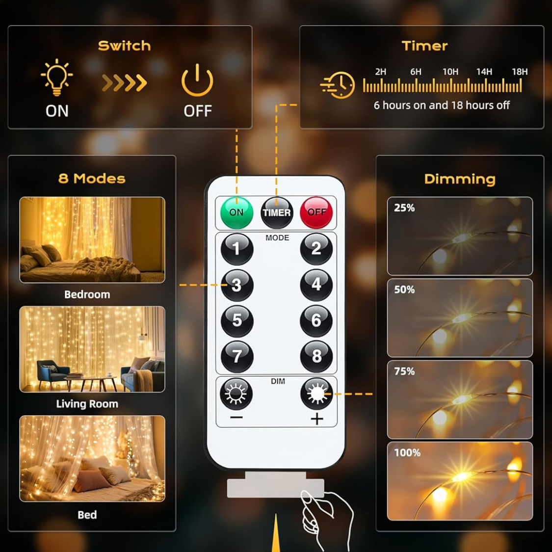 300 LED Fairy Curtain Lights  Warm White Curtain String Lights USB Plug In 8 Lighting Modes Christmas Decoration, Hanging Lights — foto 3