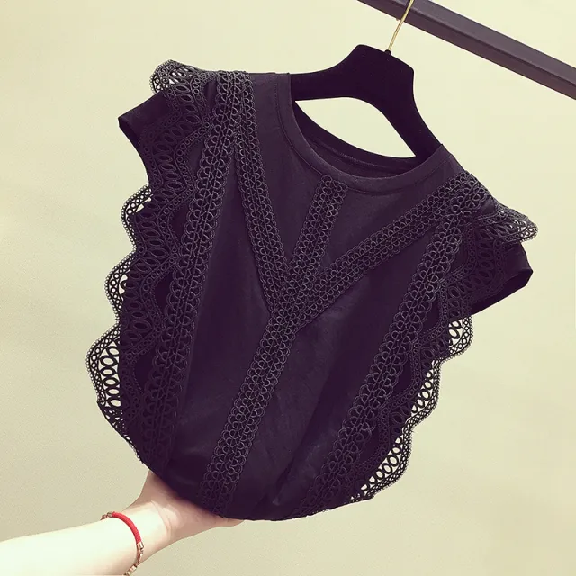Hollow Lace Ice Silk Cotton Short Sleeves Black - Shop at LoveMi