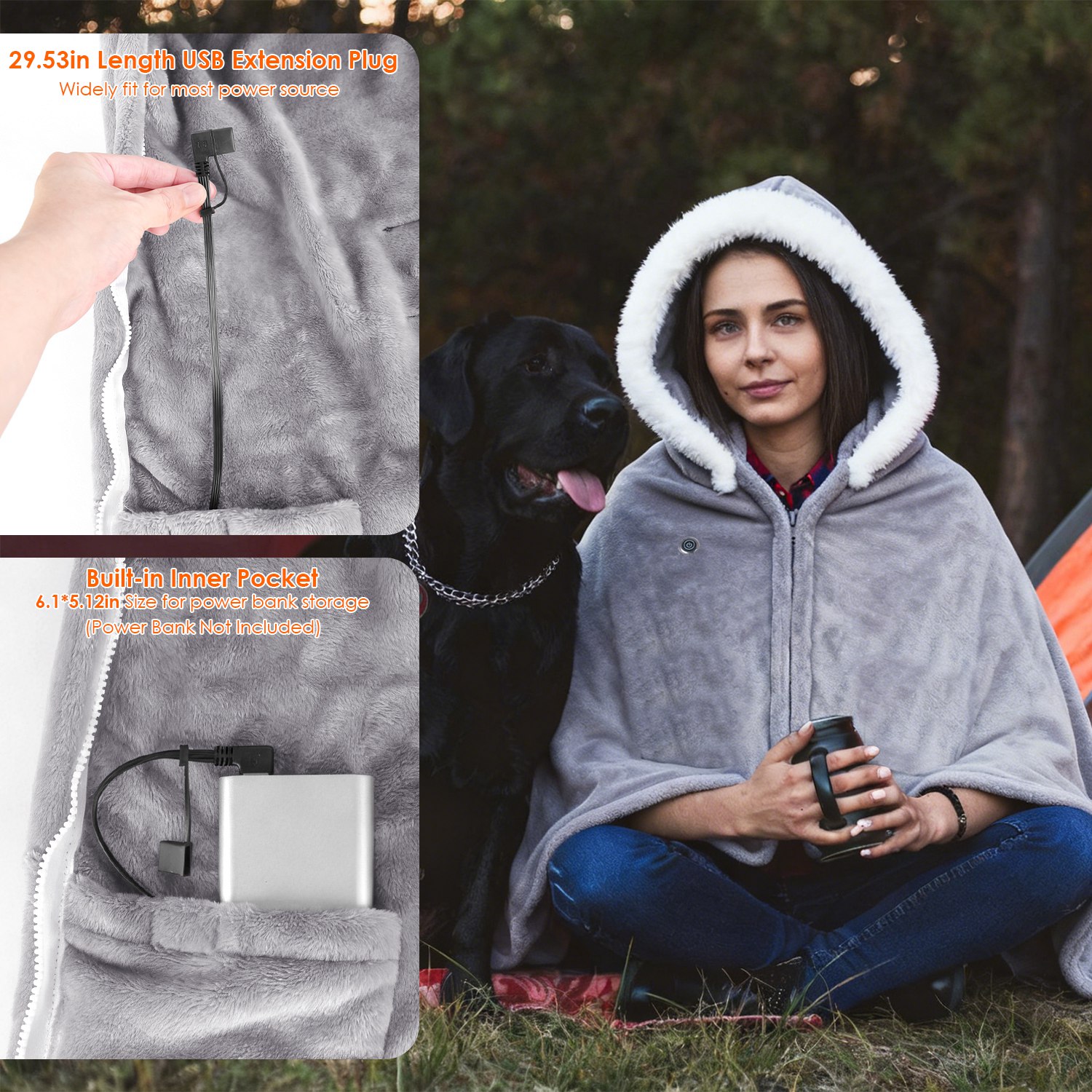 Wearable Heated Throw Blanket With 20000mah Battery Pack Double Sided Flannel Portable Electric Heating Hoodie For Women Men Machine Washable 3 Heating Levels Battery Operated