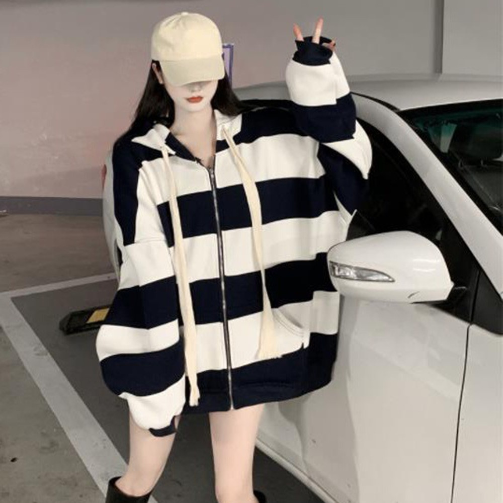 Striped Drawstring Hooded Sweater Jacket Loose Contrast Color