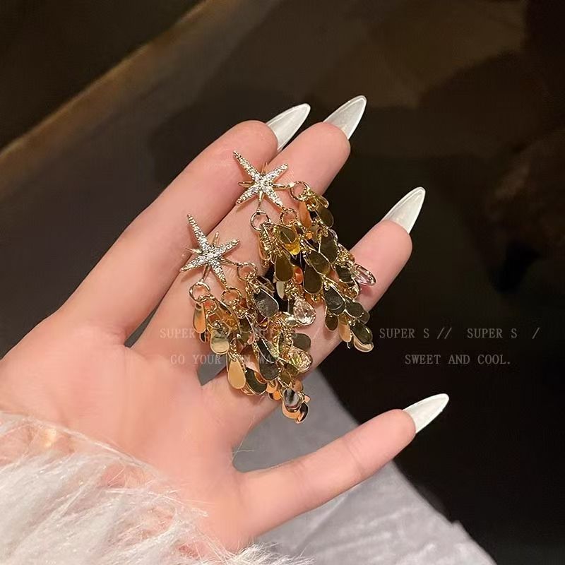Gold Star Sequin Tassel Earrings, Exaggerated Metal Studs Slimming Face Jewelry