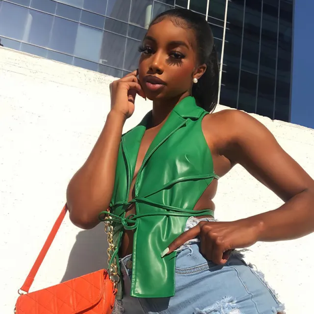 Halter Leather Lace up Vest With Polo Neck Green - Shop at LoveMi