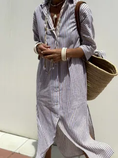 Mid-length Five-quarter Sleeve Striped Cardigan Lapel Shirt Dress - Brown - View 1
