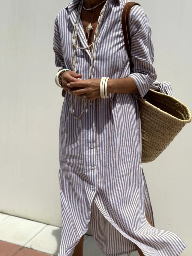Mid length Five quarter Sleeve Striped Cardigan Lapel Shirt Dress Brown - Shop at LoveMi