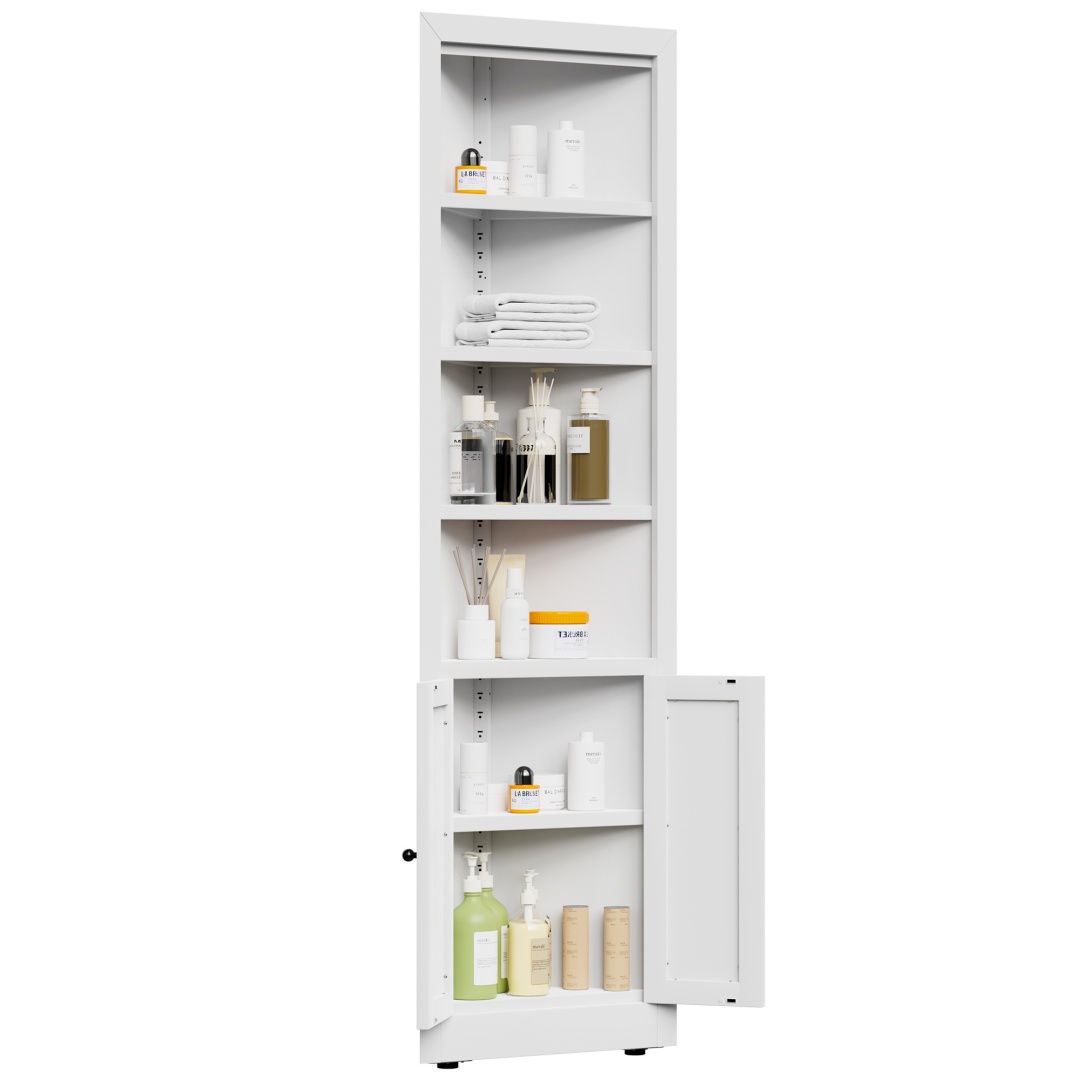 71in Tall Corner Storage Cabinet With 2 Doors, 5-Tier Metal Cabinet With Adjustable Shelves, Freestanding Kitchen Storage For Pantry, Living Room, Bathroom, Laundry Room, Space Saving Furniture, White