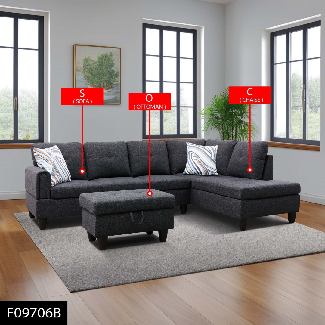 Only Self Pickup--Black Grey Linen Living Room Sofa Set