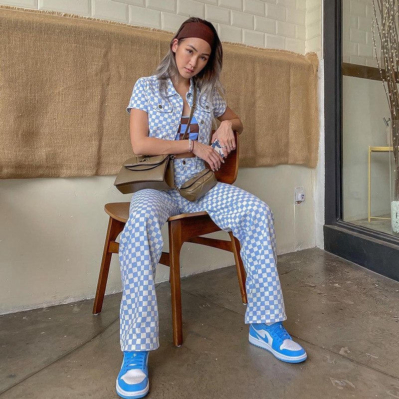 Blue Gentle Checkerboard Print Faux Denim Top