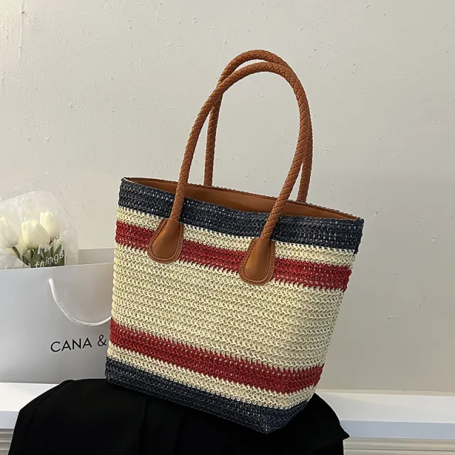 Grass Woven Beach Large Capacity Striped Tote Bag Blue - Shop at LoveMi