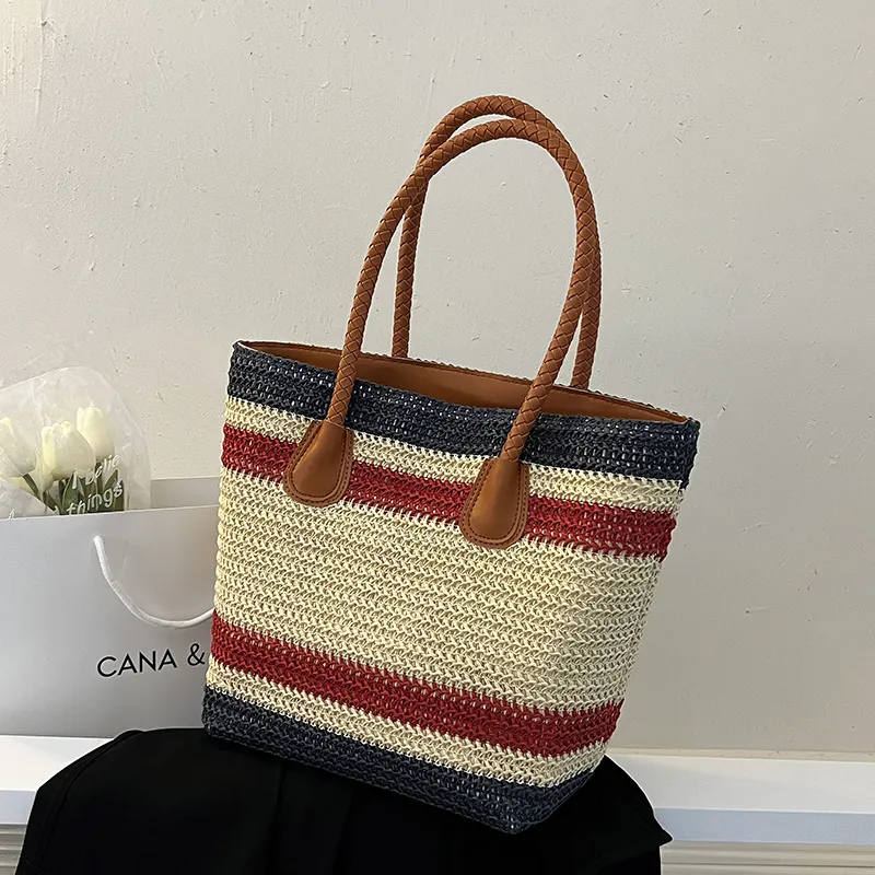 Grass Woven Beach Large Capacity Striped Tote Bag - Blue