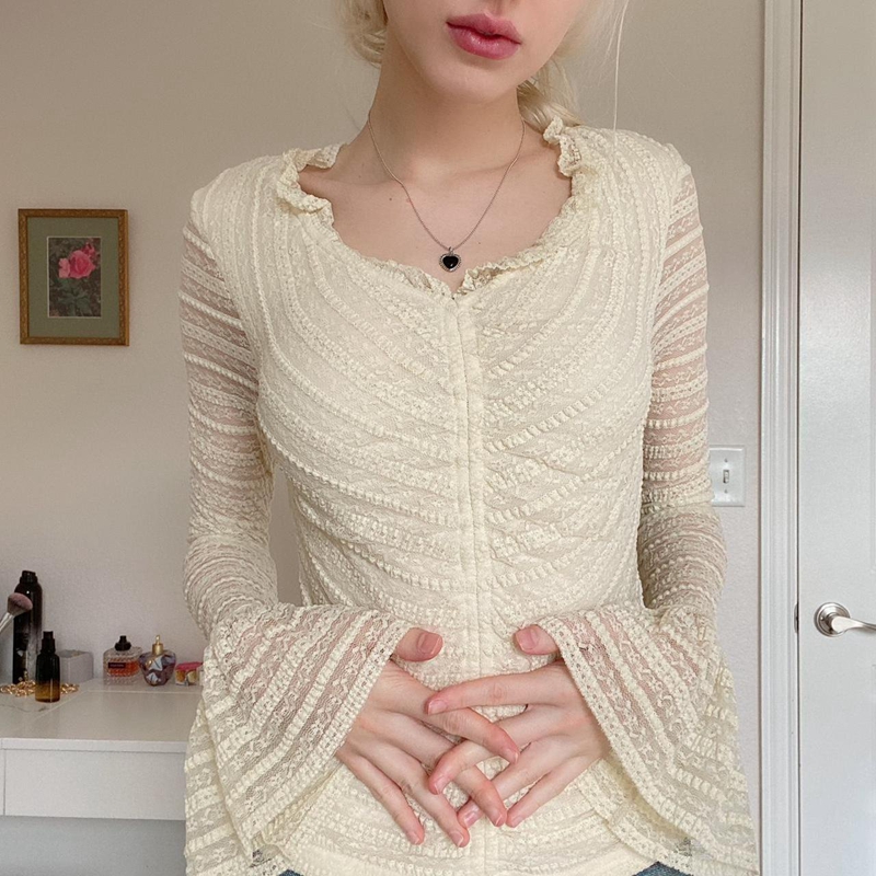 Women's Fashion Solid Color Lace Flared Sleeve Top