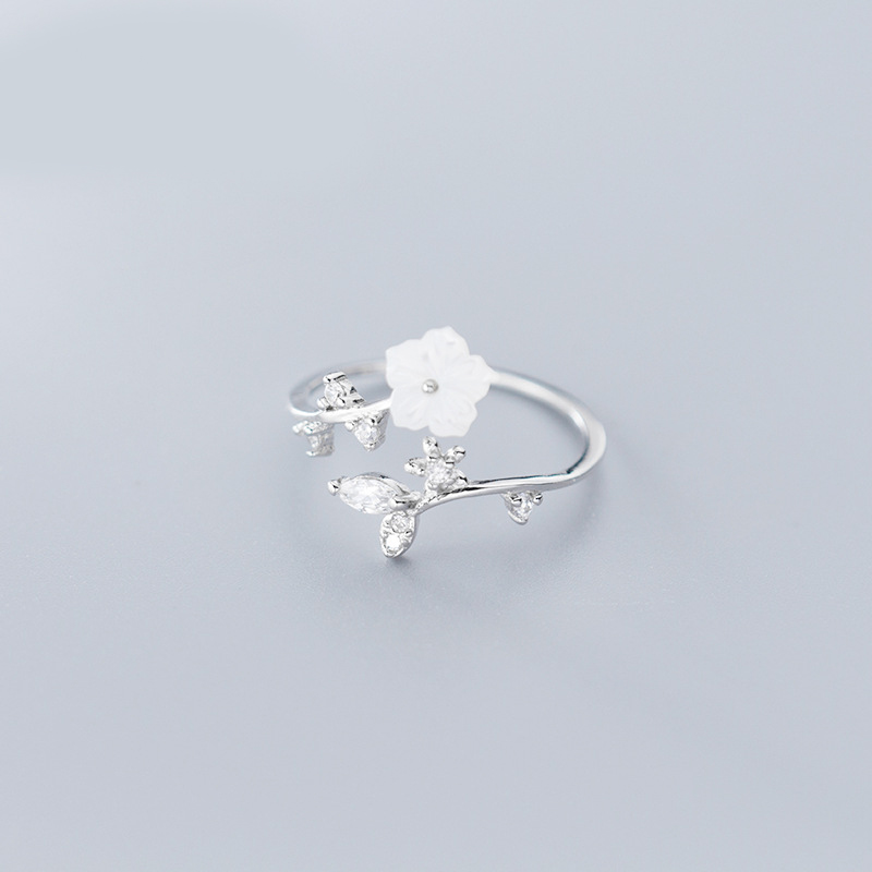 Fashion Silver Ring With Flowers Leaves And Diamonds