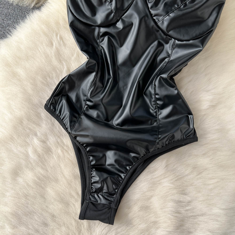 Women's PU Leather Sling V-neck Bra Bodysuit - Image 3