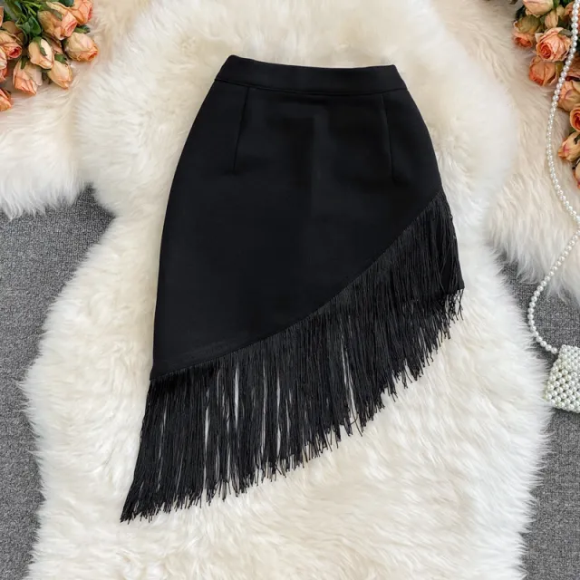High Waist Tassel Women's New Elastic Hip Skirt Black - Shop at LoveMi