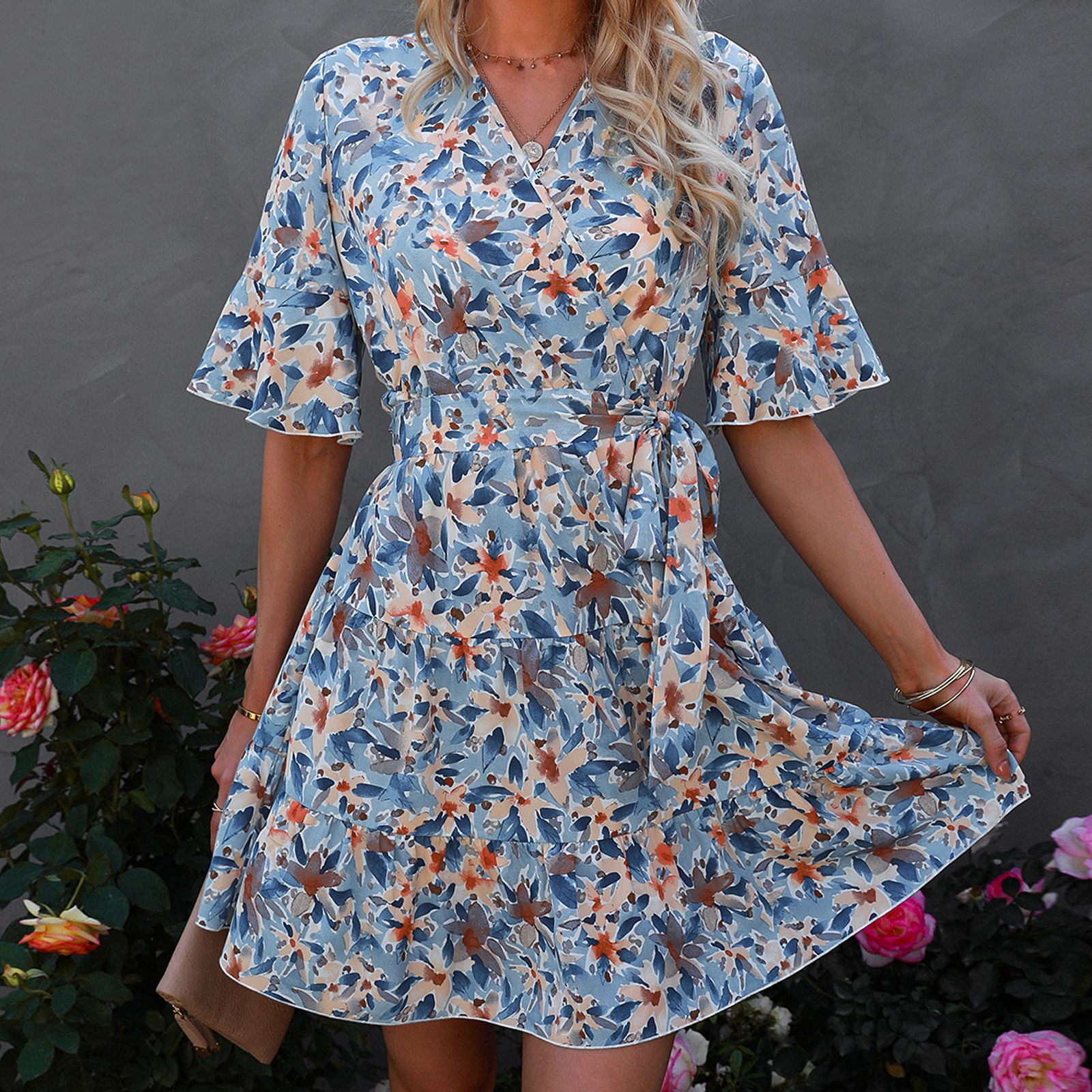 European And American V-neck Short-sleeved Ruffled Floral Dress