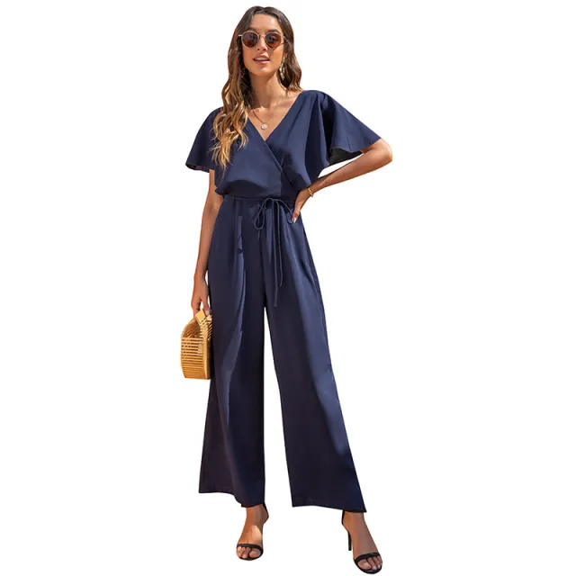 Women's V neck Fashion Temperament Casual High Waist Loose Jumpsuit Dark Blue - Shop at LoveMi