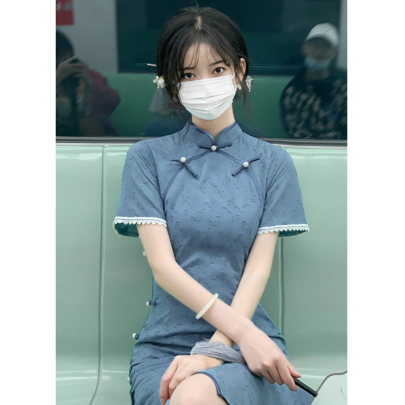 New Blue Improved Cheongsam Long High End