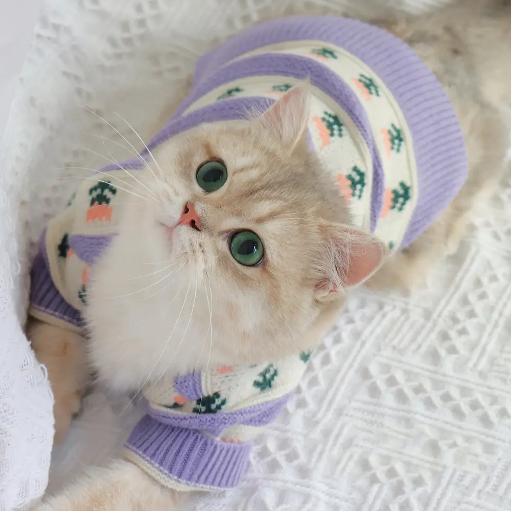 Retro Purple Flower Sweater Cute Pet Cat Dog Autumn