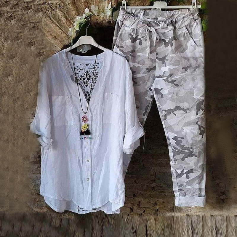 Long Sleeved Top With Floral Hollowed Out Pants Two-piece Set