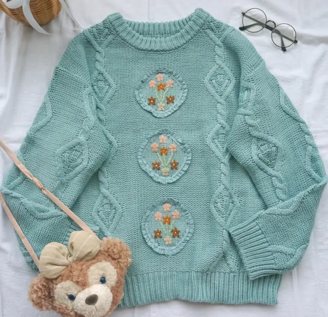Japanese Vintage Childlike Handmade Small Flower Loose Sweater Blue - Shop at LoveMi