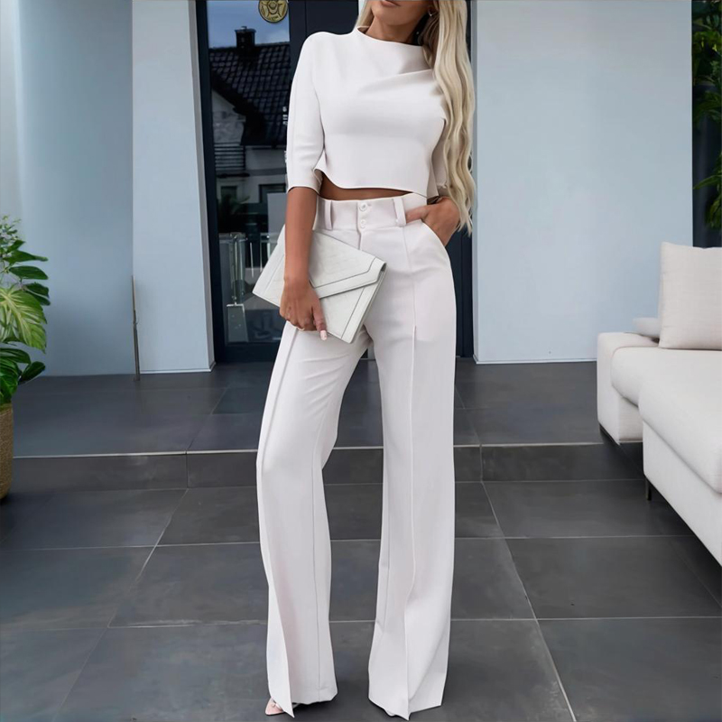 Women's Elegant Solid Color Half Sleeve Short Top With Straight Leg Pants Two Piece Office Wear Suit With Pockets White - Shop at LoveMi