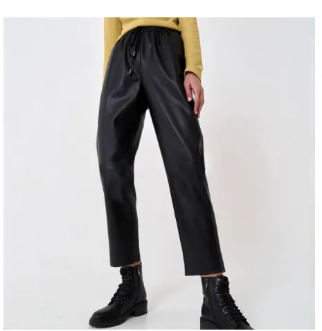 Small Straight High Waisted Sheepskin Trousers With Small Feet Black - Shop at LoveMi