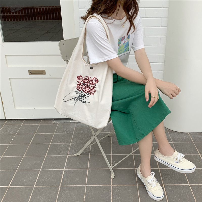 Korean Embroidered Rose Vintage Canvas Bag