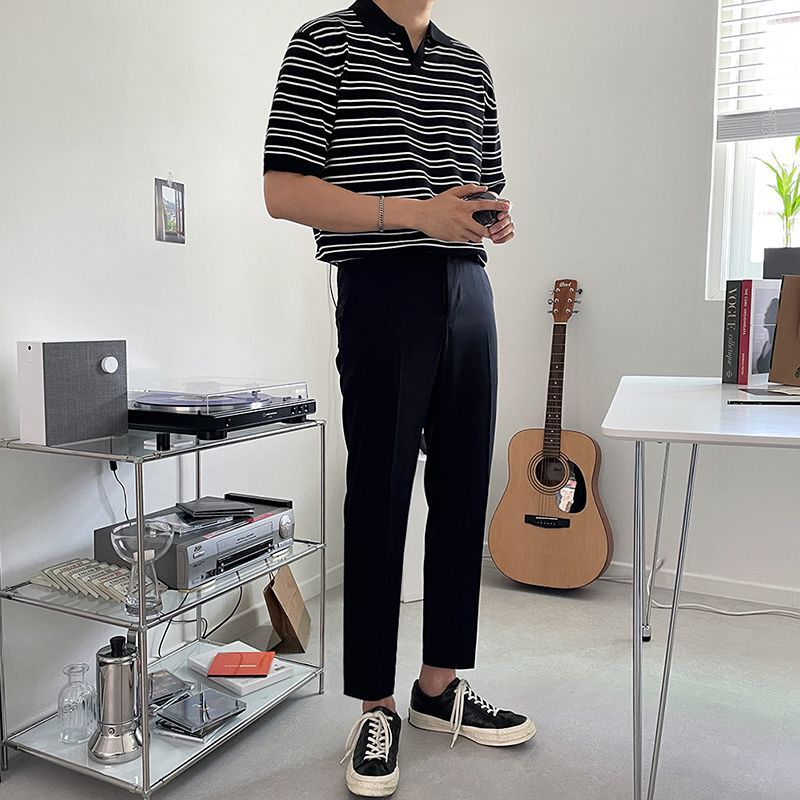 Men Casual Loose Striped Polo Shirt
