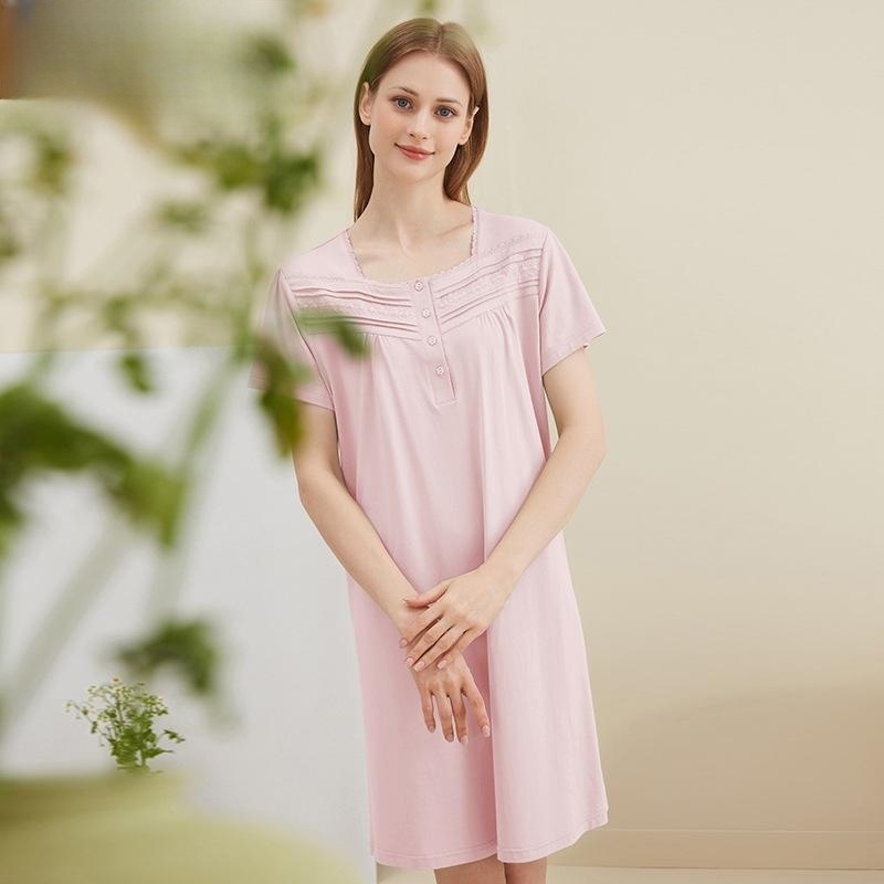 Women's Summer Elegant French Contrast Color Soft Lace Short-sleeved Knitted Modal Cotton Nightdress
