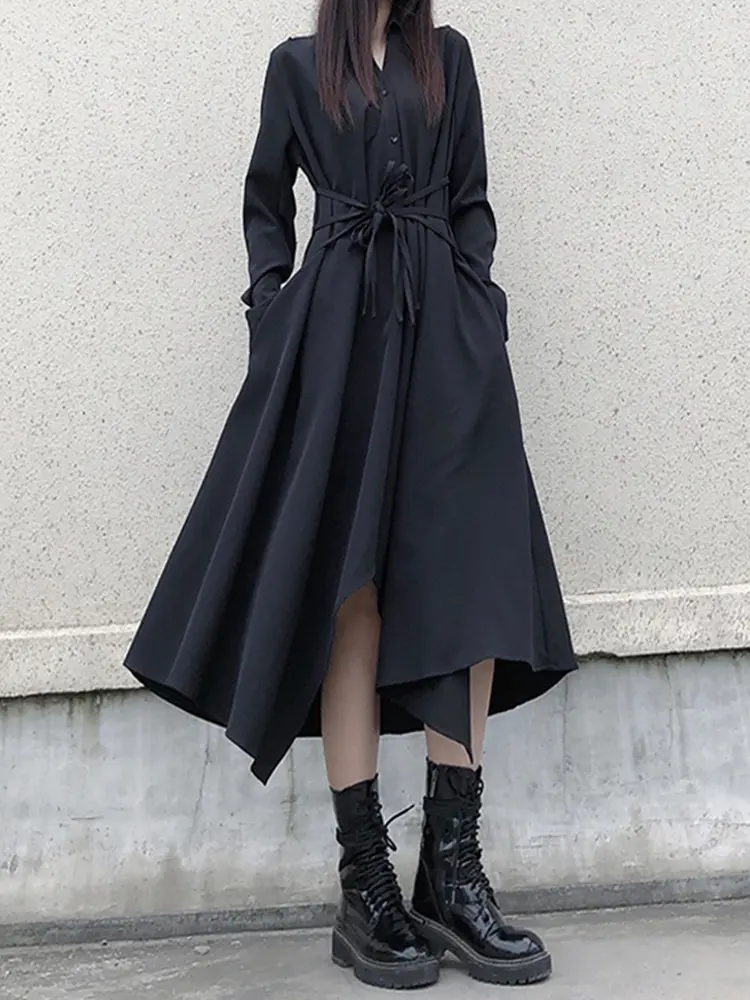 Irregular Design Vintage Tie Loose Black Dress