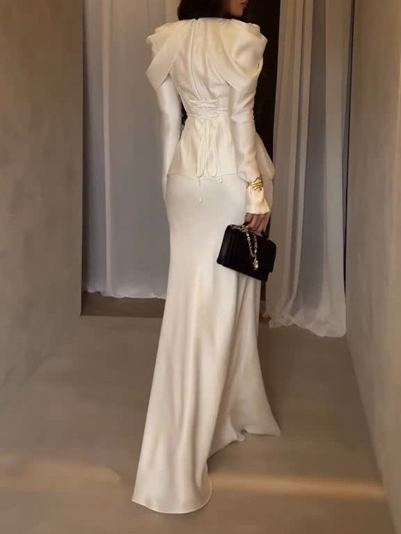White Satin V-Neck Waist-Cinched Top & Mermaid Skirt Set