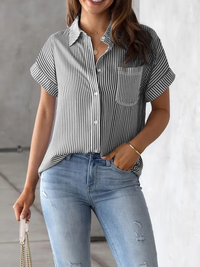Elegant Plus Size Striped Blouse With Pocket Casual Short Sleeve, Button Up Collared Shirt For Women Black - Shop at LoveMi