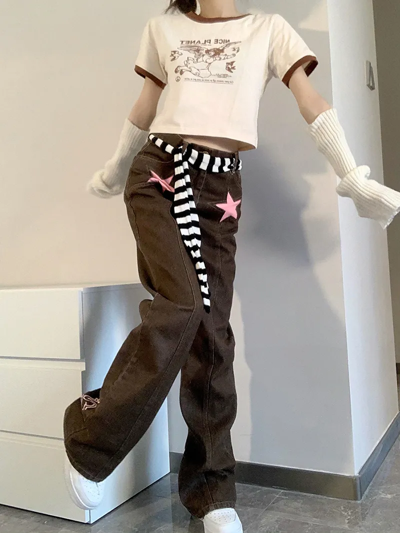 Women's Hollow-out Thin High-waist Star Jeans - Brown