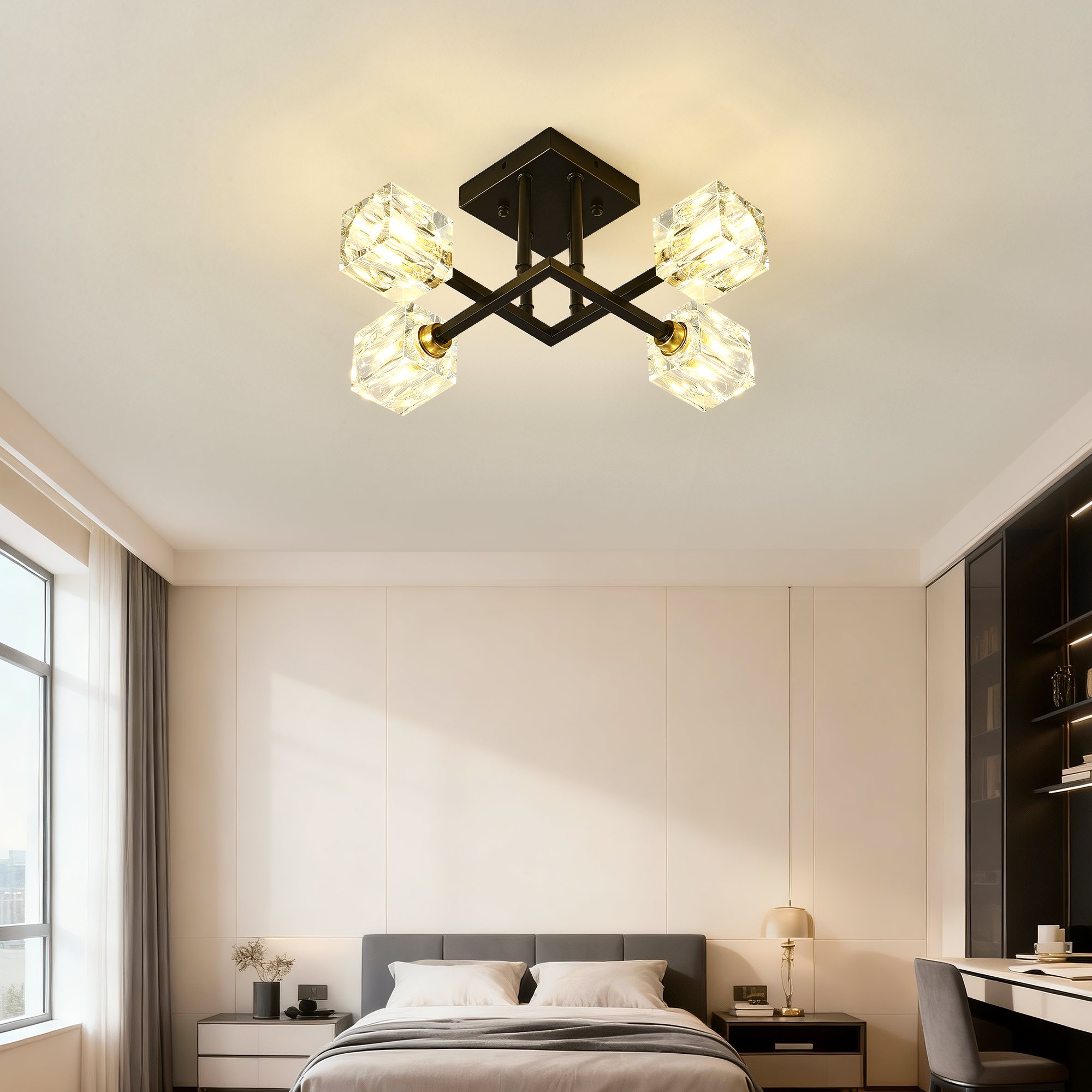 Modern Luxurious Crystal Ceiling Light, 4 Lights-BO INCLUDED Bulb  Modern Crystal Ceiling Light For Dining Room, Pendant Lamp Ceiling Lighting For Living Bedroom Hall Balcony --Matte Black