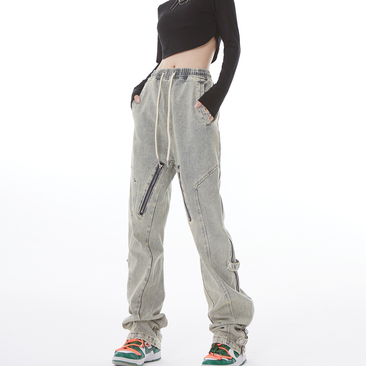 Niche Distressed Wash Jeans With Side Open Zipper Micro flared Yellow - Shop at LoveMi