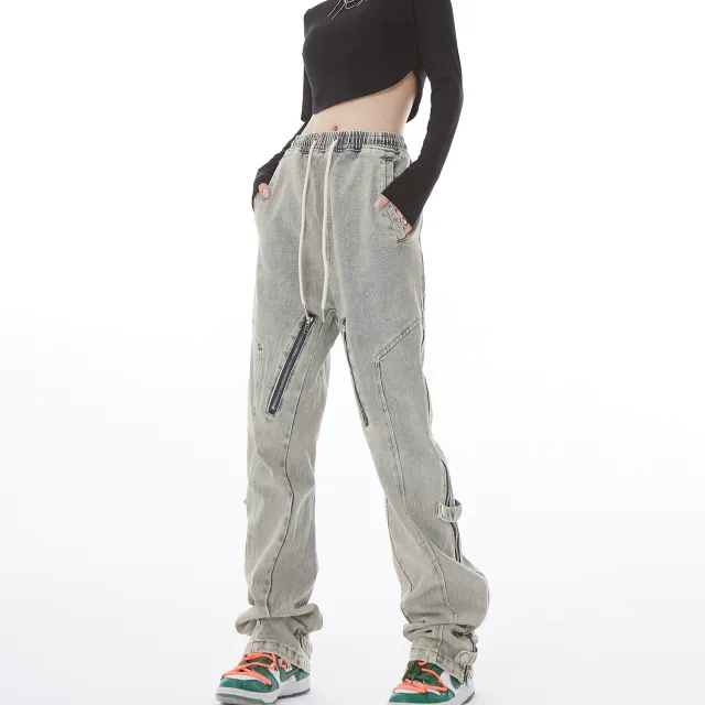 Niche Distressed Wash Jeans With Side Open Zipper Micro flared Blue Yellow - Shop at LoveMi