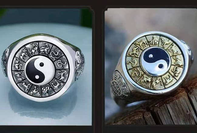 Inel Zodiac Bagua rotativ, bijuterie creativă în stil etnic, cu incrustări și un design artistic retro de epocă